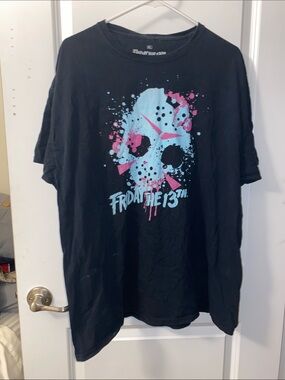 Friday the 13th Graphic Crew Tee - Black with Pink & Light Blue Print